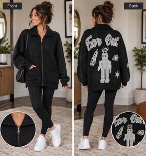 Spirit Jersey Far Out Robot Cardigan XL Black Oversized Zip Wool Blend NWT